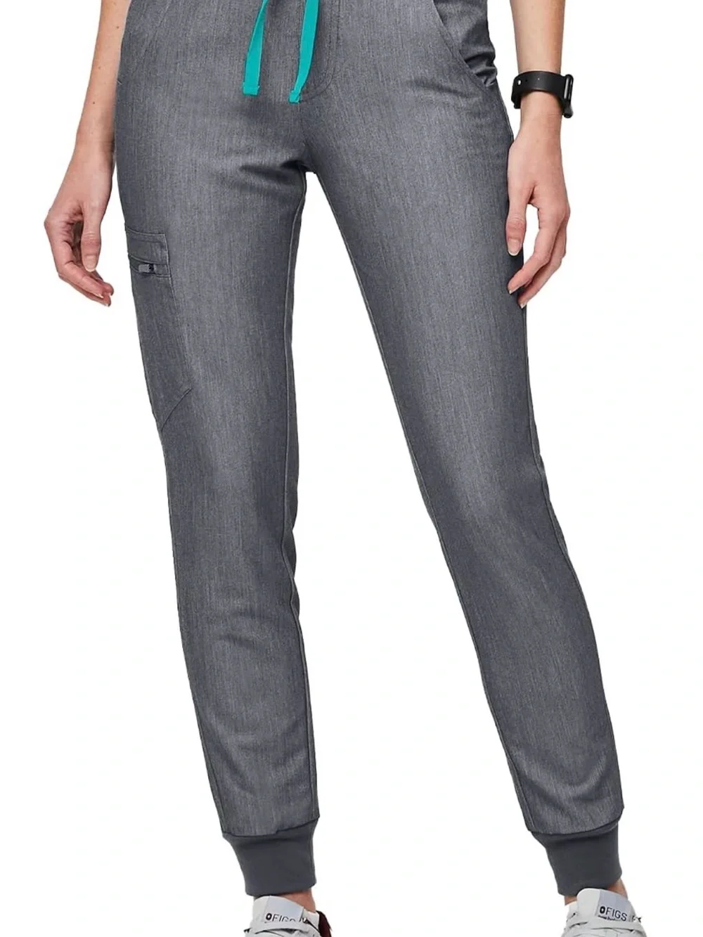 Figs Zamora Heather Gray Jogger Scrub Pants with Teal Drawstring Women’s XS